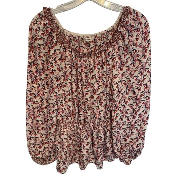 Max Studio Floral Blouse Womens Large Cream Red Smocked Waist Peplum Top - Picture 12 of 12